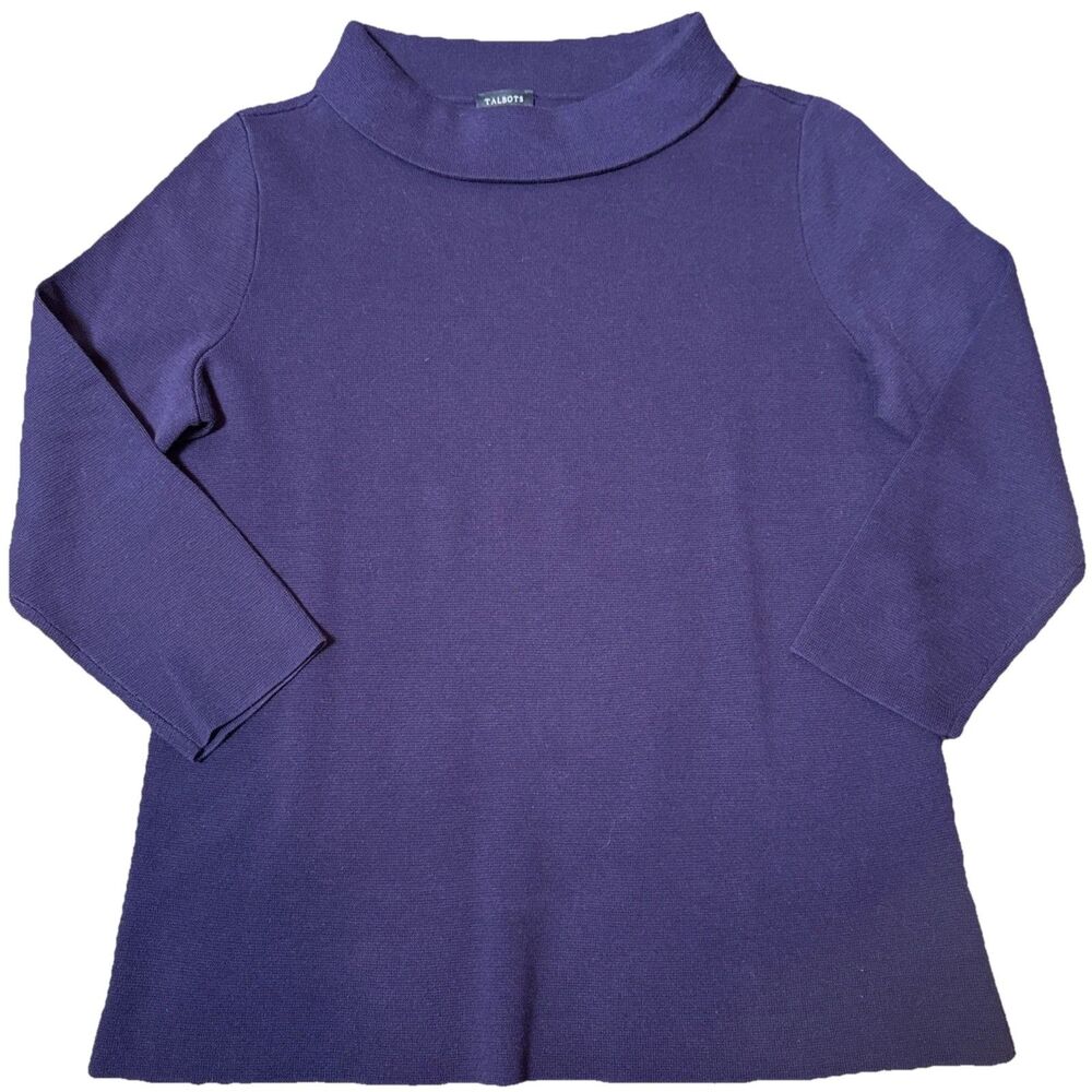 Talbots Women’s Large Deep Purple Mock Neck Sweater 3/4 Sleeve‎ NWT